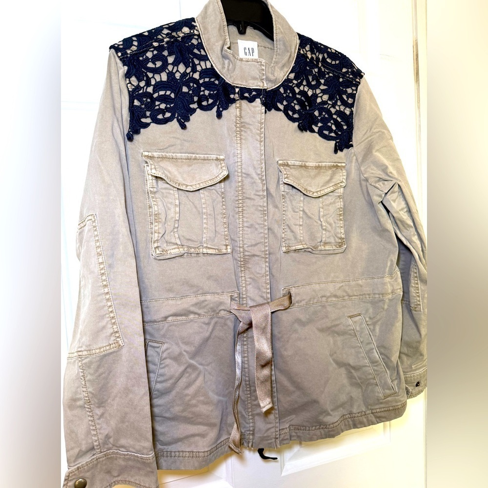 Gap Utility Jacket Khaki Women’s XL Black Lace Full Zip Draw String Belt EUC